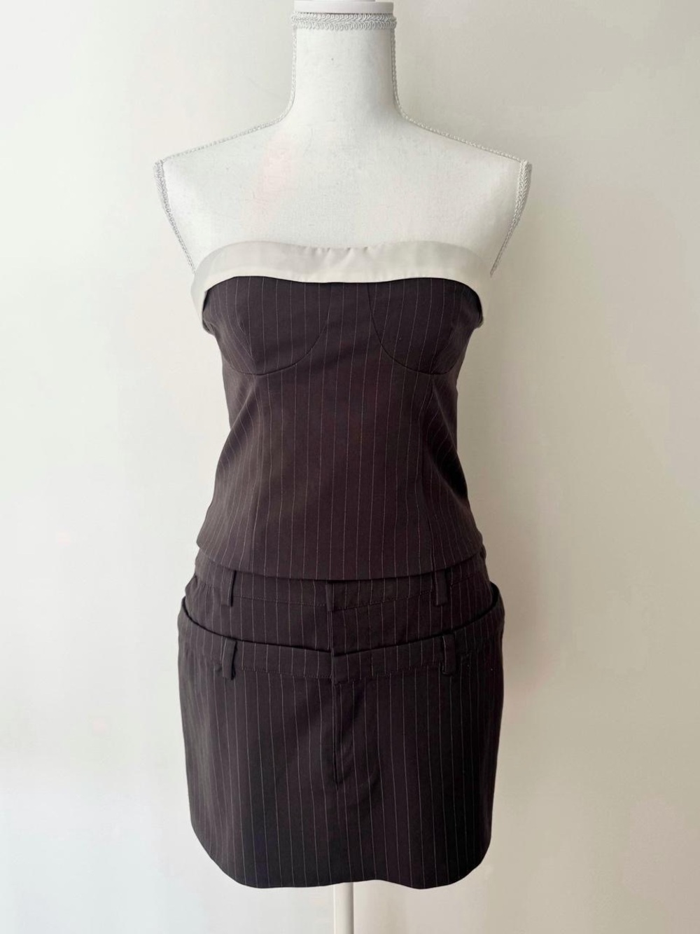 Lovers + Friends Grey Pinstripe Tube Top and Mini Skirt Set
